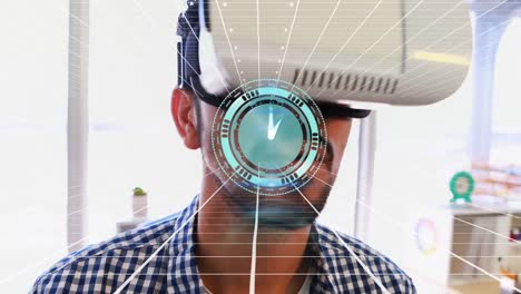 Animation-of-clock-moving-fast-over-businessman-wearing-vr-headset