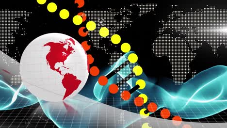 Animation-Des-Globus-Mit-DNA-Strang,-Der-Sich-über-Globus-Und-Weltkarte-Dreht