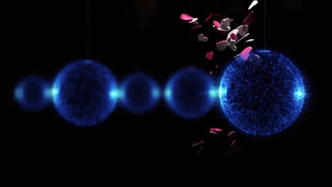 Animation-of-blue-transparent-spheres-and-red-hearts-falling-on-black-background