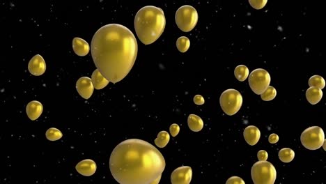 Animation-of-floating-gold-balloons-rising-and-confetti-falling-on-black-background