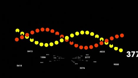 Animation-of-dna-strand-spinning-with-numbers-on-black-background