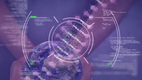 Animation-Des-Scope-Scannens-über-DNA-Strang-Und-Globus-Im-Hintergrund