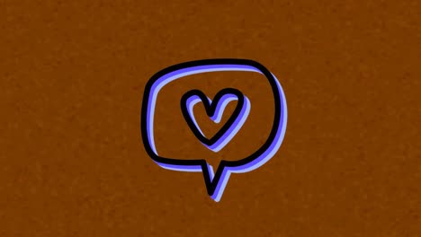Animation-of-green-neon-heart-in-speech-bubble,-on-brown-background