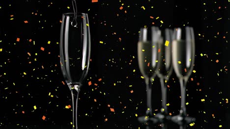 Animation-of-champagne-glasses-with-confetti-falling-on-black-background
