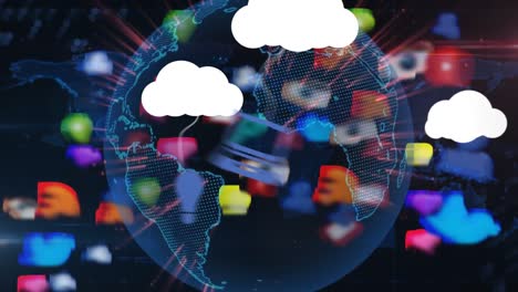 Animation-Von-Wolken-Und-Digitalen-Symbolen-über-Dem-Globus-Auf-Schwarzem-Hintergrund