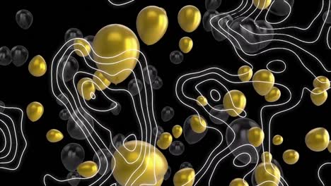 Animation-of-floating-gold-balloons-and-moving-topographical-chart-on-black