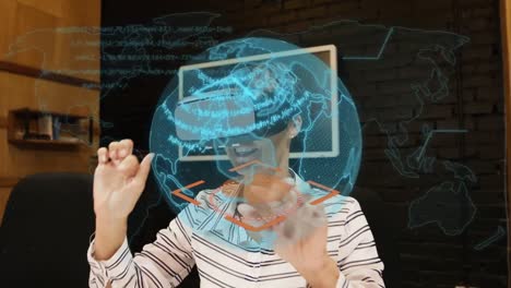 Animation-of-globe-with-network-of-connections-over-businesswoman-wearing-vr-headset