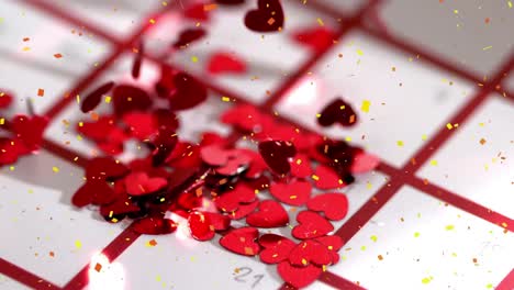 Animation-of-red-hearts-rising-from-white-background-with-red-grid-and-confetti-falling