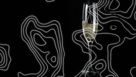 Animation-of-champagne-pouring-into-glass,-with-moving-topographical-chart-on-black-background