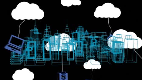 Animation-of-digital-clouds-and-icons-over-3d-drawing-of-cityscape-on-black-background