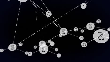 Animation-Des-Verbindungsnetzwerks-Mit-Symbolen-Auf-Schwarzem-Hintergrund