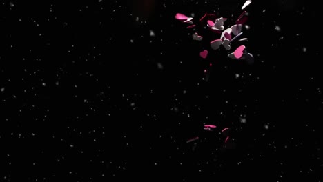 Animation-of-confetti-falling-and-pink-hearts-on-black-background