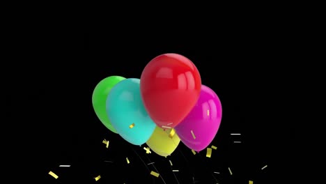 Animation-Schwebender-Goldener-Luftballons,-Die-Aufsteigen,-Und-Goldener-Konfetti,-Die-Auf-Schwarzem-Hintergrund-Fallen