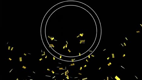 Animation-Eines-Weißen-Kreises-Und-Goldenen-Konfettis,-Die-Auf-Schwarzen-Hintergrund-Fallen