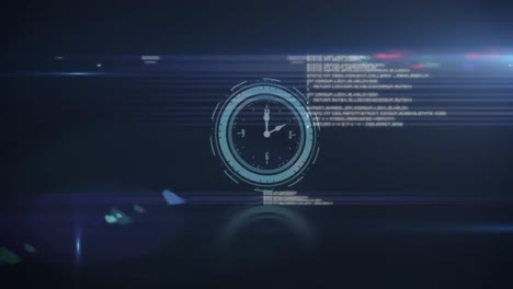 Animation-of-clock-moving-fast-with-data-processing-on-blue-background