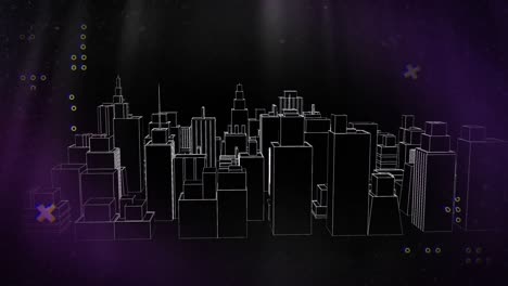 Animation-of-3d-cityscape-with-markers-on-black-background