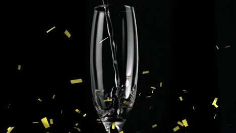 Animation-of-champagne-glass-and-champagne-pouring,-with-gold-confetti-falling-on-black-background