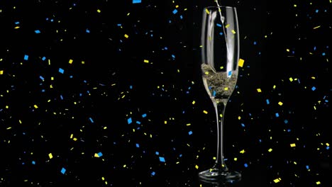 Animation-of-champagne-glass-and-confetti-falling-on-black-background