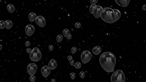 Animation-of-floating-black-balloons-rising-and-confetti-falling-on-black-background