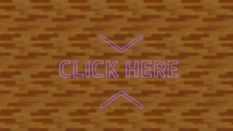 Animation-of-flickering-pink-neon-text,-click-here,-over-digital-brick-wall-texture