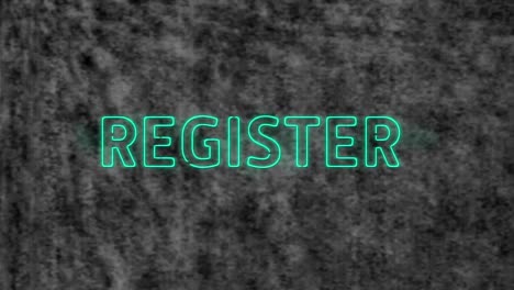Animation-of-blue-neon-text,-register,-on-grey-textured-background