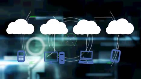 Animation-Von-Wolken-Und-Digitalen-Symbolen-über-Dem-Zielfernrohr-Auf-Schwarzem-Hintergrund