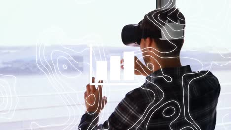 Animation-of-statistics-over-lines-over-businessman-wearing-vr-headset