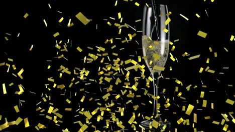 Animation-of-champagne-pouring-into-glass,-with-gold-confetti-falling-on-black-background