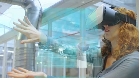 Animation-of-data-on-interface-screens,-over-woman-in-vr-headset-using-virtual-interface