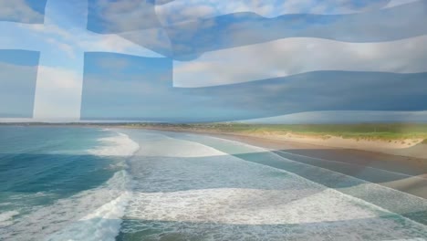 Animation-Der-Flagge-Griechenlands,-Die-über-Einem-Sonnigen-Strand-Weht-Und-Wellen-Im-Meer-Brechen