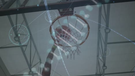 Animation-of-dna-strand,-network-of-connections-over-basketball-hoop