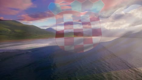 Animation-of-croatian-flag-waving-over-sunny-seaside