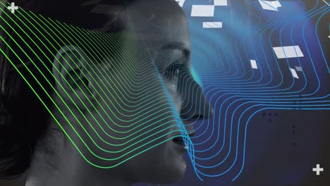 Animation-of-glowing-blue-and-green-network-of-connection-over-woman's-face