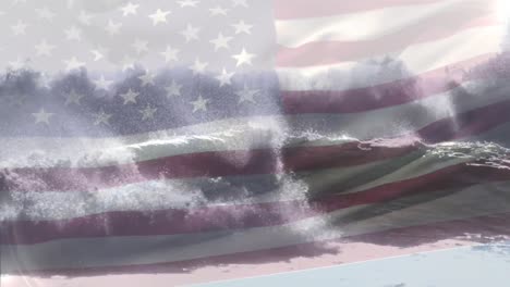 Animation-Der-Flagge-Amerikas,-Die-über-Brechenden-Meereswellen-Weht