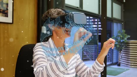 Animation-of-globe-with-data-processing-over-woman-in-vr-headset-gesturing,-using-virtual-interface