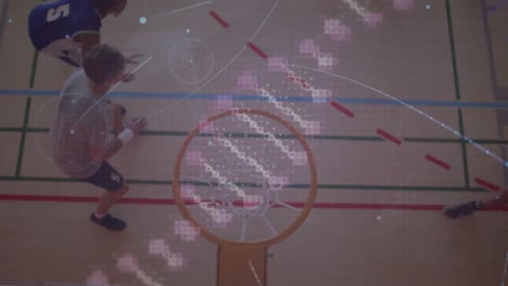 Animation-of-dna-stand-spinning-over-basketball-players
