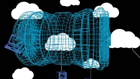 Animation-of-digital-clouds-and-icons-and-3d-engine-drawing-on-black-background