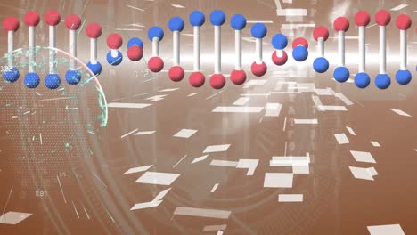 Animation-Eines-DNA-Strangs,-Der-Sich-über-Den-Globus-Dreht,-Und-Scannen-Des-Zielfernrohrs