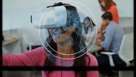 Animation-of-rotating-globe,-over-smiling-woman-in-vr-headset-gesturing-in-virtual-interface
