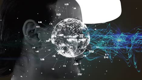 Animation-of-globe-with-network-of-connection-over-woman's-face