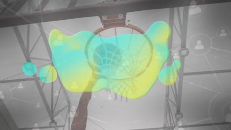Animation-of-network-of-connections-and-glowing-blob-over-basketball-hoop