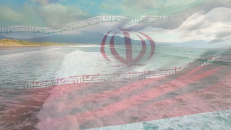 Animation-Der-Iranischen-Flagge,-Die-über-Einem-Sonnigen-Strand-Weht-Und-Wellen-Im-Meer-Brechen
