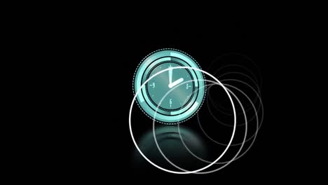 Animation-of-white-scopes-spinning-and-clock-moving-fast-on-black-background