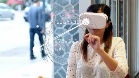 Animation-of-globe-with-numbers-changing-over-businesswoman-wearing-vr-headset