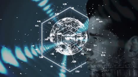 Animation-of-globe-with-network-of-connection-over-man's-face