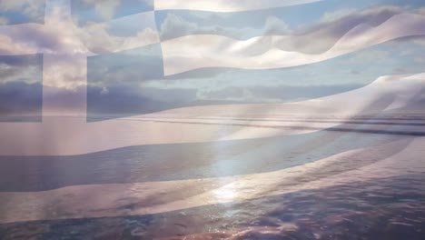 Animation-of-flag-of-greece-waving-over-sunny-beach-and-sea