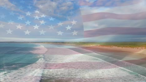 Animation-of-flag-of-america-waving-over-sunny-beach-and-sea