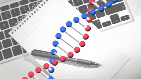 Animation-Eines-DNA-Strangs,-Der-Sich-über-Notizbuch-Und-Stift-Auf-Dem-Schreibtisch-Dreht