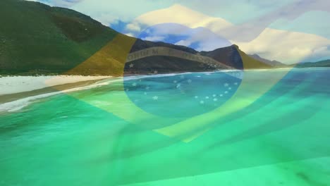 Animation-of-flag-of-brazil-waving-over-sunny-beach-and-sea