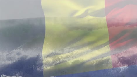 Animation-of-flag-of-romania-waving-over-sunny-beach-and-sea